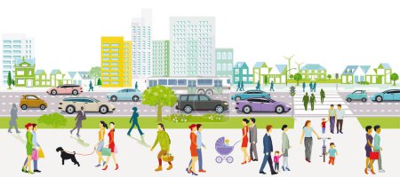Ilustración de City with streets and  people with road traffic in front of buildings, illustration - Imagen libre de derechos