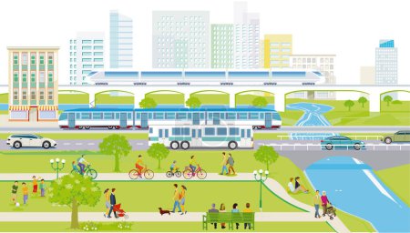 Téléchargez les illustrations : City with tram, road traffic and people illustration - en licence libre de droit