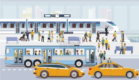 Illustration for Bus stop with train station and fast train with passengers illustration - Royalty Free Image