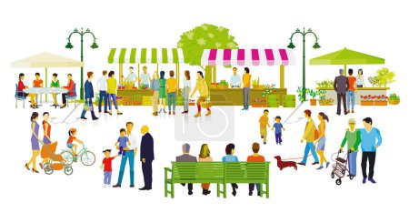 Téléchargez les illustrations : Weekly market in the residential district and life in the city, illustration, - en licence libre de droit