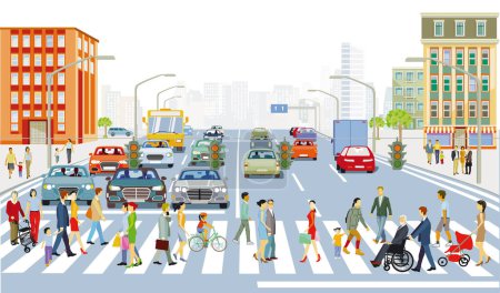 Ilustración de Calle principal con personas y tráfico por carretera y frente a edificios, ilustración - Imagen libre de derechos