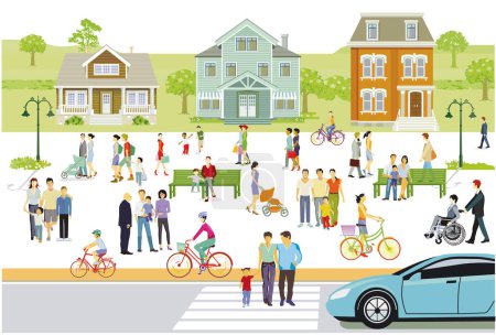 Téléchargez les illustrations : City silhouette in suburbia, with pedestrians in residential area and leisure activity, illustration - en licence libre de droit