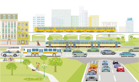 Ilustración de Calle principal con tranvía y tráfico por carretera y frente a edificios, ilustración - Imagen libre de derechos