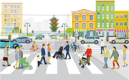 Ilustración de Silueta de la ciudad con tráfico por carretera y peatones en el cruce de cebra, ilustración - Imagen libre de derechos