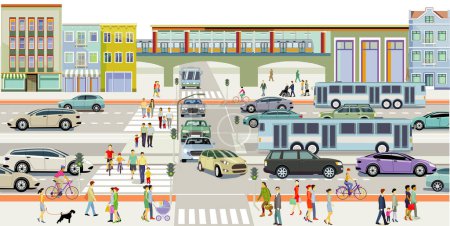 Ilustración de Silueta de la ciudad con peatones en la estación de tren, y el tráfico por carretera,, ilustración - Imagen libre de derechos