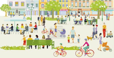 Illustration for City silhouette with people at leisure in residential area, restaurants and bistros, illustration - Royalty Free Image