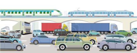 Téléchargez les illustrations : Autoroute avec train express, camion et voiture, Illustration - en licence libre de droit