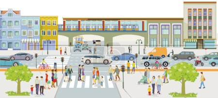 Illustration for City silhouette with pedestrians and road traffic, at the train station, illustration - Royalty Free Image