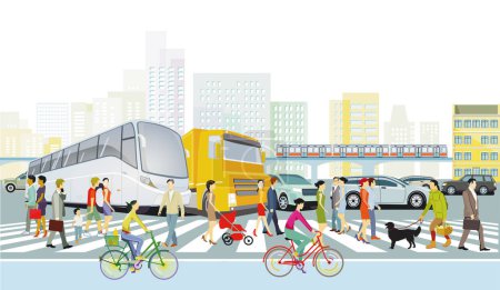 Ilustración de Silueta de la ciudad con tráfico por carretera y personas en la ilustración del paso de peatones - Imagen libre de derechos