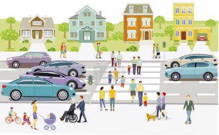 Ilustración de Road traffic with pedestrians in the suburbs, illustration - Imagen libre de derechos