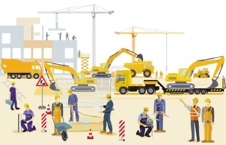 Téléchargez les illustrations : Site de construction avec pelles, machines de construction et camions lourds, illustration - en licence libre de droit