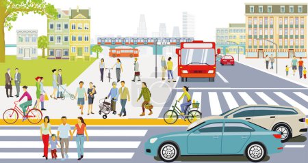 Ilustración de Ciudad con tráfico rodado, rascacielos, edificios de apartamentos y peatones en la acera, - Imagen libre de derechos
