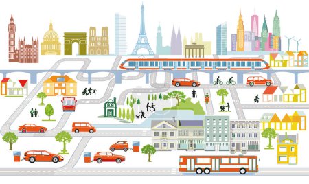Ilustración de Ciudad con panorama de tráfico y casas, ilustración de información - Imagen libre de derechos