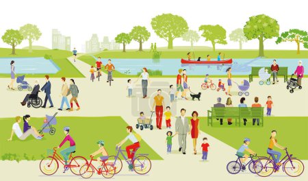 Illustration for Recreation in the park with families and other people, illustration - Royalty Free Image