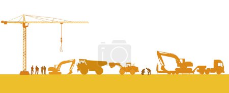 Illustration for Construction company with builders and construction machines illustration - Royalty Free Image
