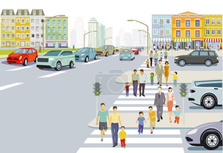 Illustration for City silhouette in suburbia, with families in residential area, illustration - Royalty Free Image