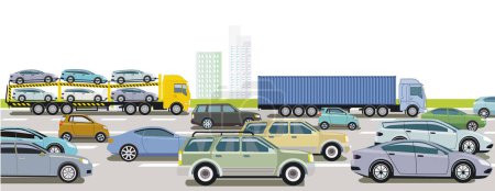Téléchargez les illustrations : Autoroute avec camion et voiture particulière, illustration - en licence libre de droit