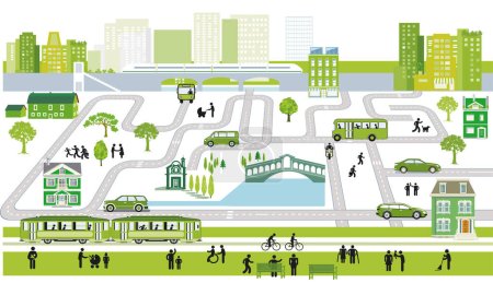 Ilustración de Ciudad con tráfico, parque y casas panorámicas, ilustración de información - Imagen libre de derechos