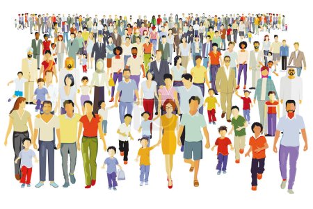 a crowd with families gather together, isolated on white background. illustration