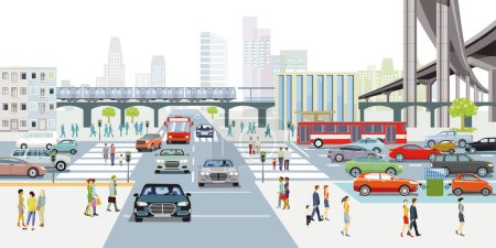Illustration for City with traffic and houses with pedestrians, illustration - Royalty Free Image
