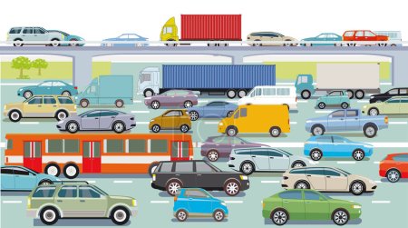 Carretera con camión y coche de pasajeros, ilustración