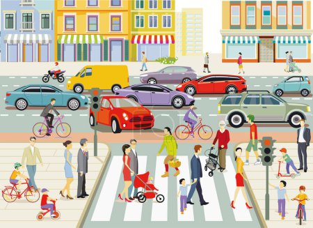 Ilustración de Silueta de la ciudad con personas en el paso de peatones, personas en la zona residencial, ilustración - Imagen libre de derechos