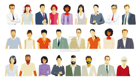 Téléchargez les illustrations : Portrait de groupe de personnes, visages isolés sur fond blanc. illustration - en licence libre de droit