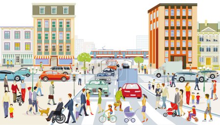 Téléchargez les illustrations : Silhouette de ville avec circulation et maisons et piétons, illustration - en licence libre de droit