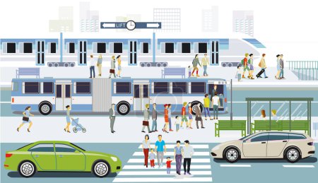Téléchargez les illustrations : Train rapide dans la gare et arrêt de bus illustration - en licence libre de droit
