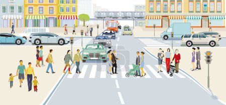 Illustration for City silhouette with people on crosswalk, people in residential area, illustration - Royalty Free Image