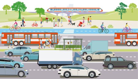 Illustration for Bus stop, bike lane and road traffic illustration - Royalty Free Image
