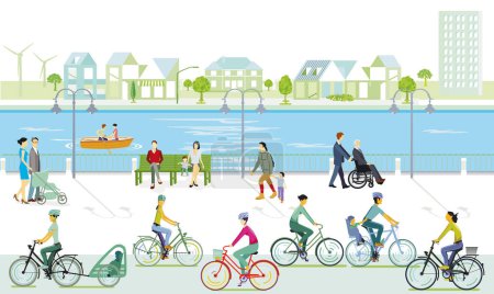 Illustration for Pedestrians and cyclists on the river, illustration - Royalty Free Image