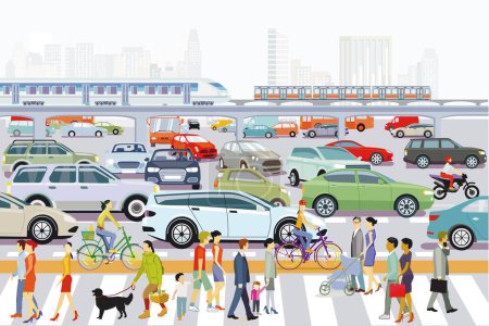 Ilustración de Silueta urbana de una gran ciudad con tráfico y peatones, tránsito rápido, panorama,, Ilustración - Imagen libre de derechos
