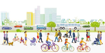 Illustration for City silhouette with pedestrians, bicycles and road traffic,, illustration - Royalty Free Image