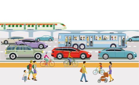 Illustration for Road and rail transport, bus transport with people , illustration - Royalty Free Image