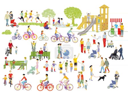 Téléchargez les illustrations : Familles et personnes à loisir dans le parc, Illustration - en licence libre de droit
