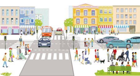 Ilustración de Silueta de la ciudad con personas en el paso de peatones, personas en la zona residencial, ilustración - Imagen libre de derechos