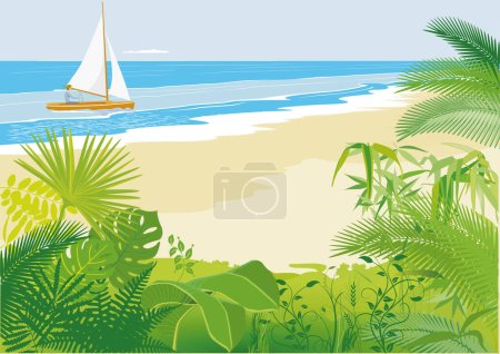 Illustration for Beach with sailing ship and palm trees illustration - Royalty Free Image