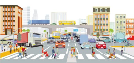 Stadtsilhouette einer Großstadt mit Verkehr und Fußgängern, Panorama,, Illustration