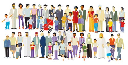 Ilustración de Gran grupo familiar en comunidad aislado sobre fondo blanco. ilustración - Imagen libre de derechos