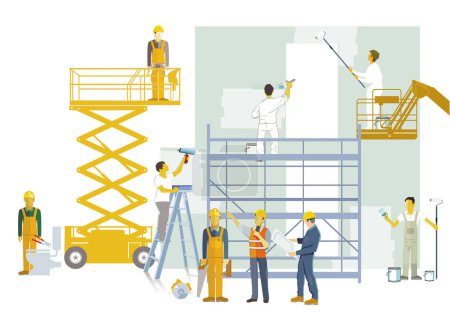 Illustration for Construction site with craftsmen, architects, illustration - Royalty Free Image