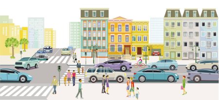 Ilustración de Silueta urbana de una ciudad con tráfico y peatones, ilustración - Imagen libre de derechos