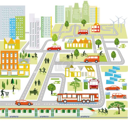 Ilustración de Mapa de la ciudad con tráfico y casas, ilustración de la información - Imagen libre de derechos
