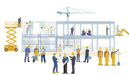Illustration for House construction site with tradesmen and construction machinery, illustration - Royalty Free Image