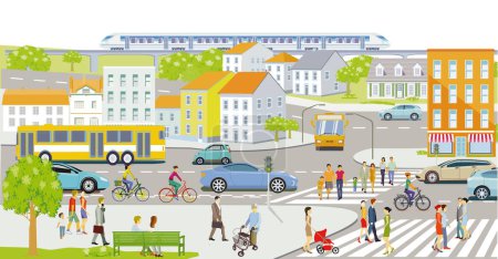 Illustration for Road traffic with pedestrians, cyclists and road traffic, Lines bus, and passenger train,, illustration - Royalty Free Image