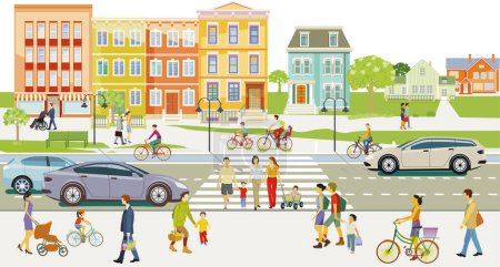 Ilustración de Tráfico por carretera con peatones, ciclistas y tráfico por carretera, líneas de autobús y transporte público, ilustración - Imagen libre de derechos