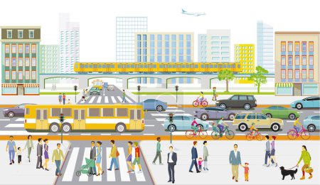 Ilustración de Tráfico por carretera con peatones, ciclistas y tráfico por carretera, líneas de autobús y transporte público, ilustración - Imagen libre de derechos