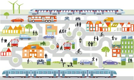 Téléchargez les illustrations : Vue d'ensemble de la ville avec circulation et maisons, illustration d'information - en licence libre de droit
