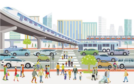 Illustration for People on the crosswalk and road and rail traffic, illustration - Royalty Free Image