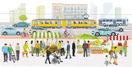 Illustration for Shopping street with a weekly market, city life, illustration, - Royalty Free Image